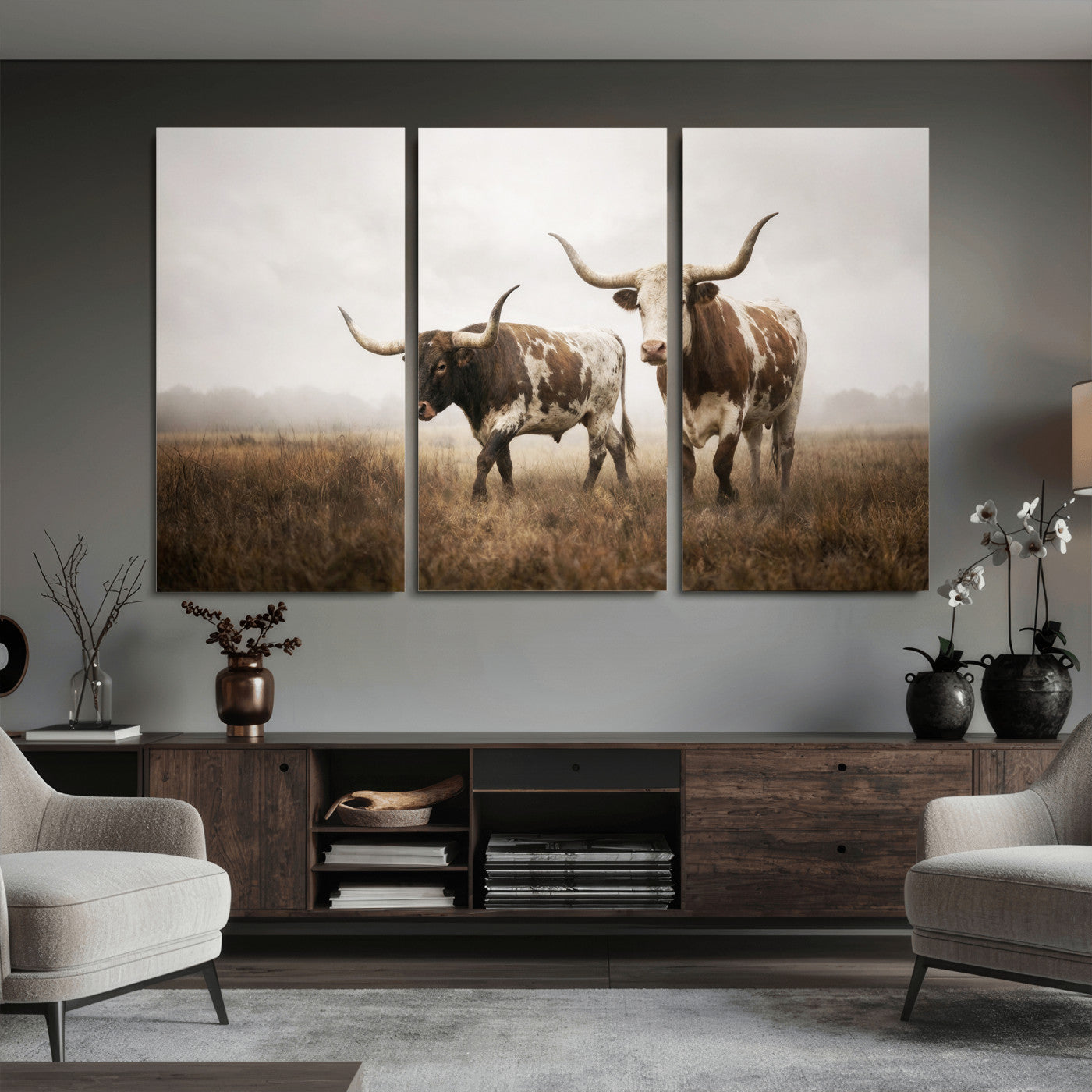92881702-MGV-CV-36X24 - Texas Longhorn Canvas Wall Art Western Bull Desert Moody Grey Overcast Rustic Farmhouse Framed Large for Living Room Bedroom Office Decor
