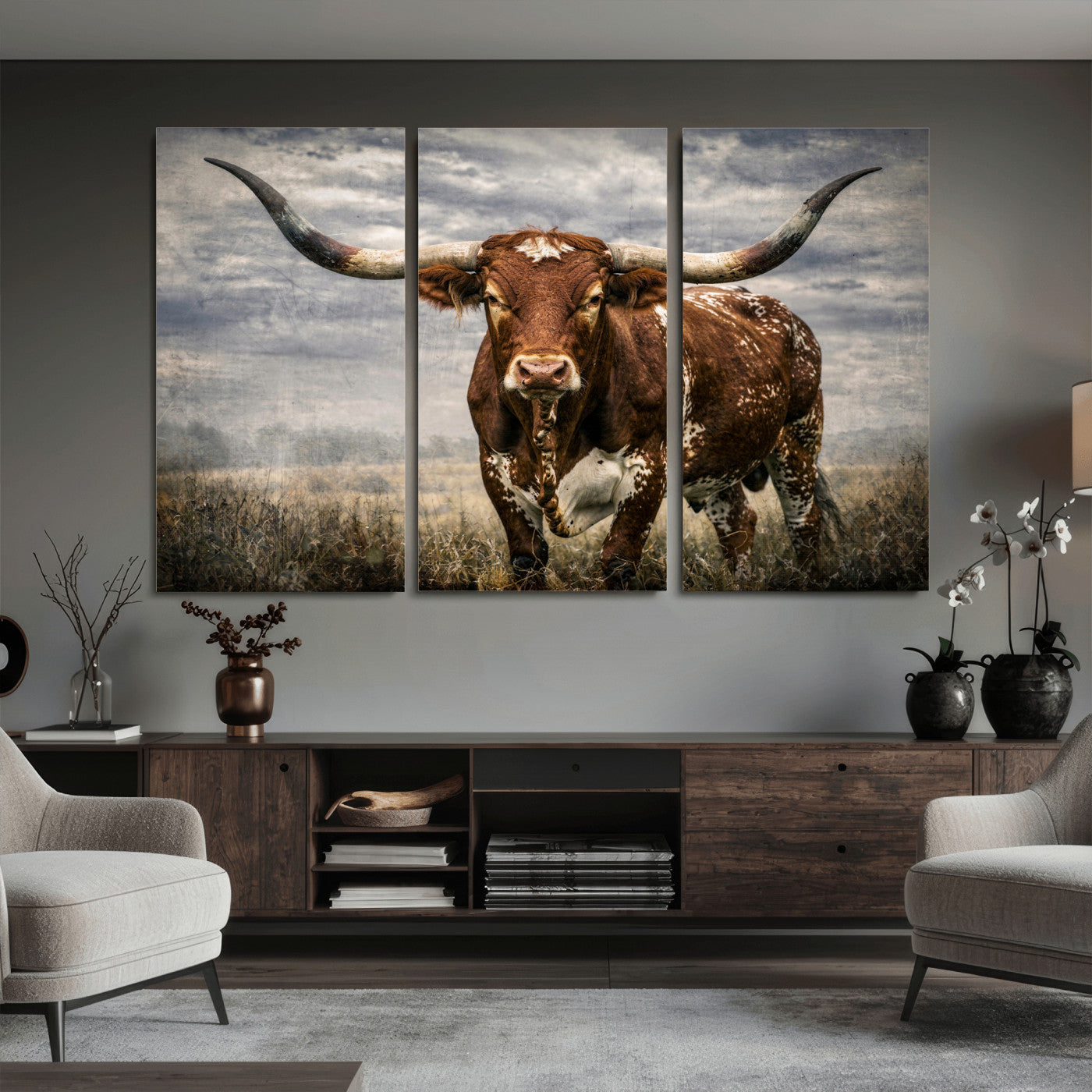 14372769-MGV-CV-36X24 - Texas Longhorn Canvas Wall Art Western Bull Desert Moody Grey Overcast Rustic Farmhouse Framed Large for Living Room Bedroom Office Decor