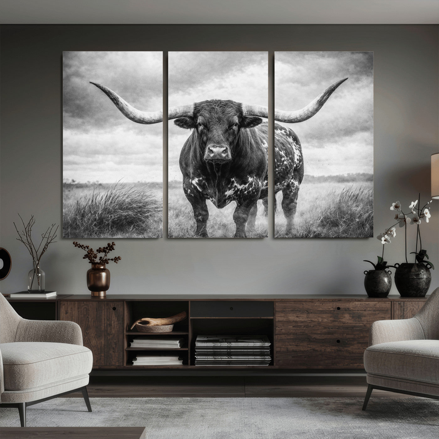 19951238-MGV-CV-36X24 - Texas Longhorn Canvas Wall Art Western Bull Desert Moody Grey Overcast Rustic Farmhouse Framed Large for Living Room Bedroom Office Decor