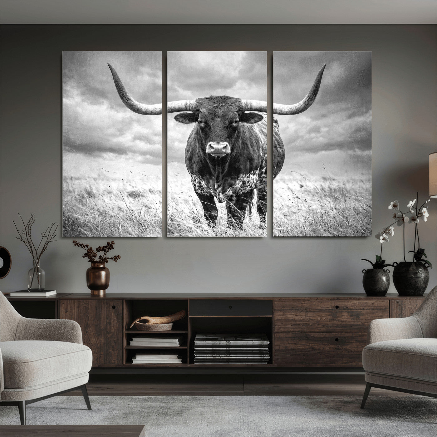 63336115-MGV-CV-36X24 - Texas Longhorn Canvas Wall Art Western Bull Desert Moody Grey Overcast Rustic Farmhouse Framed Large for Living Room Bedroom Office Decor