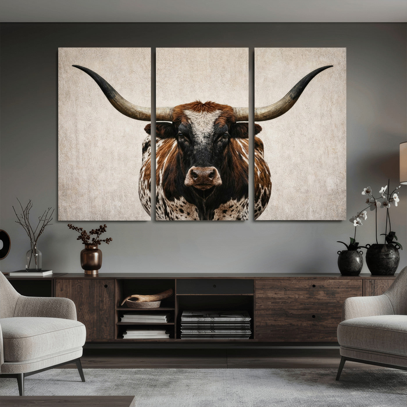 58622065-MGV-CV-36X24 - Texas Longhorn Canvas Wall Art Western Bull Desert Moody Grey Overcast Rustic Farmhouse Framed Large for Living Room Bedroom Office Decor