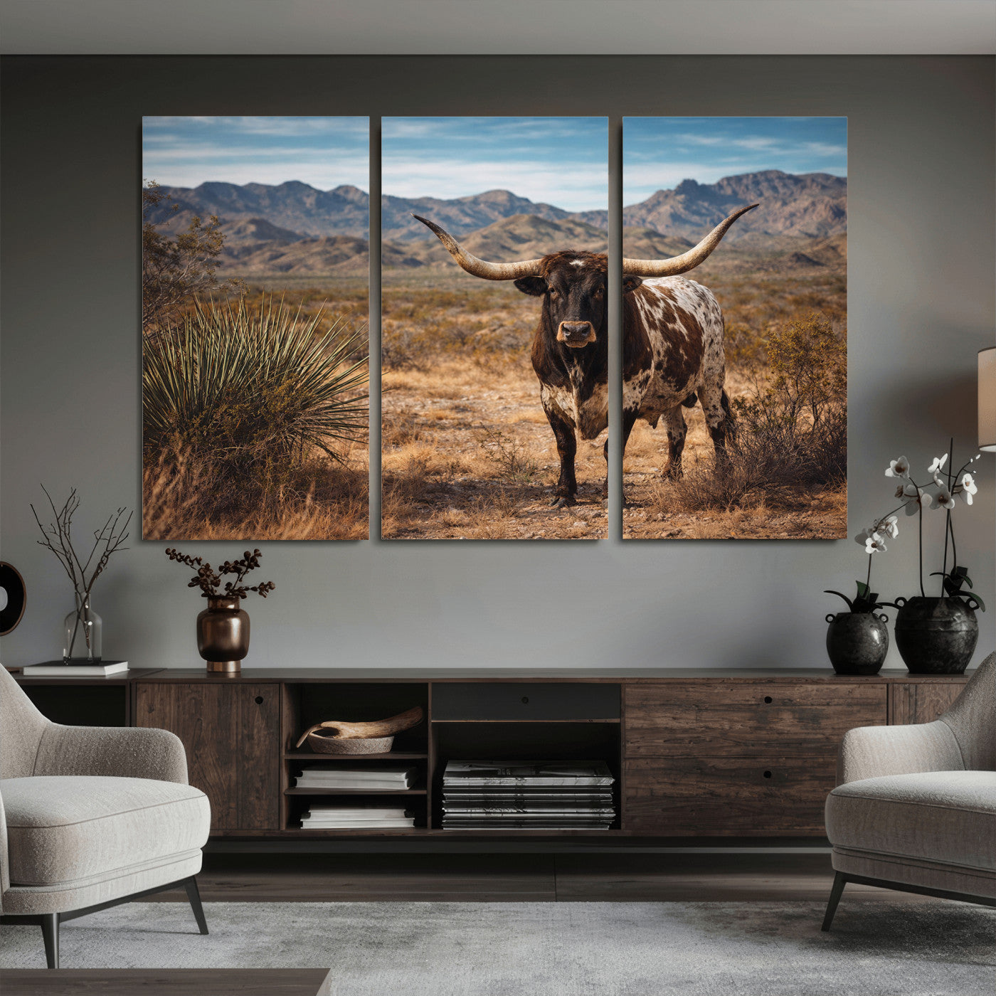 26448918-MGV-CV-36X24 - Texas Longhorn Canvas Wall Art Western Bull Desert Moody Grey Overcast Rustic Farmhouse Framed Large for Living Room Bedroom Office Decor