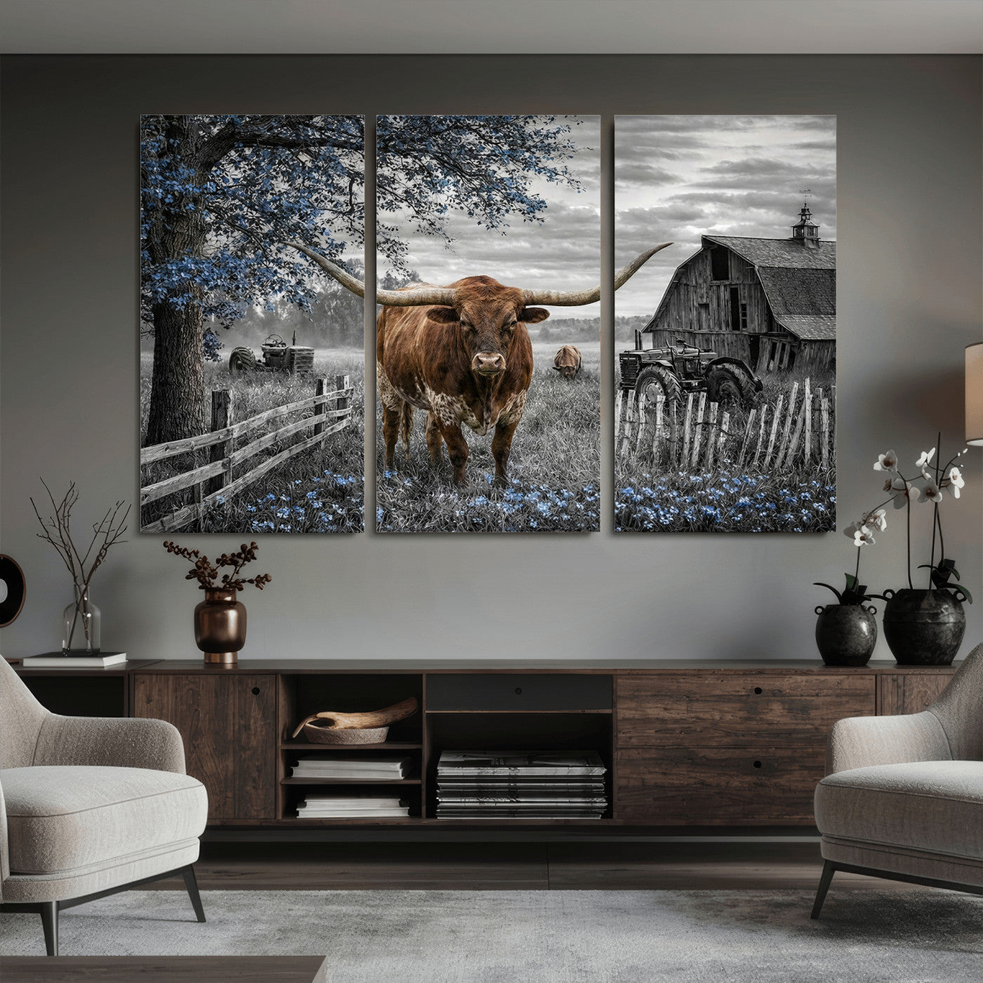 19366343-MGV-CV-36X24 - Texas Longhorn Canvas Wall Art, Rustic Farm Barn Bluebonnet Photography Print, Farmhouse Country Decor, Western Ranch Art, Old Truck Tractor Print