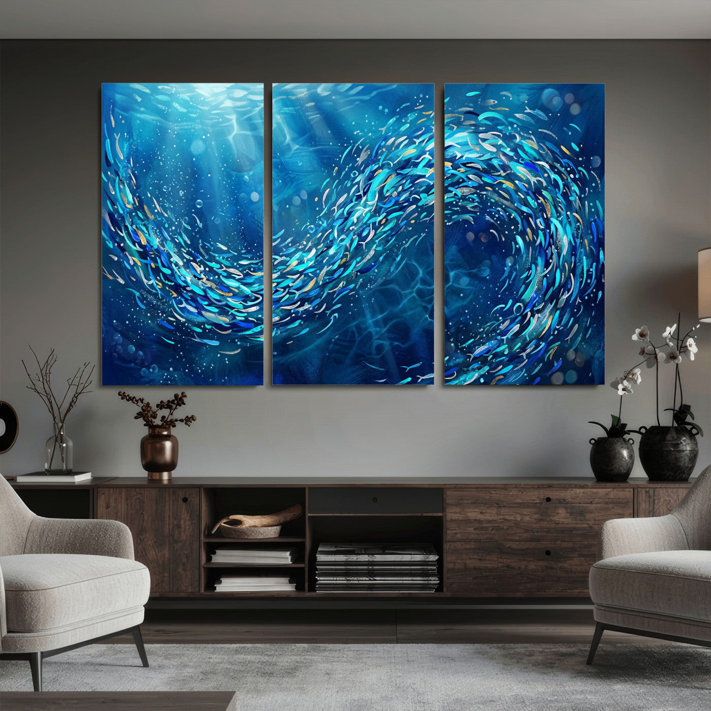 54535639-MGV-CV-36X24 - School of Fish Canvas Print | Blue Ocean Underwater Wall Art | Swirling Fish Shoal Illustration | Marine Navy Coastal Decor
