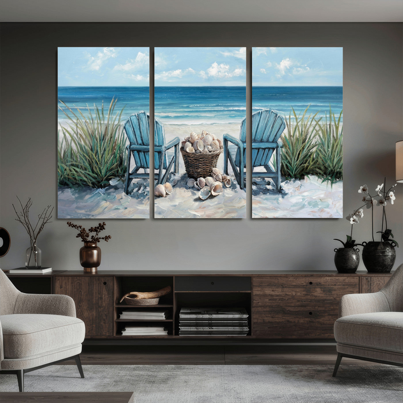 11973028-MGV-CV-36X24 - Beach Canvas Wall Art Coastal Adirondack Chairs Ocean Seashells Blue Nautical Framed Large for Living Room Bedroom Bathroom Decor