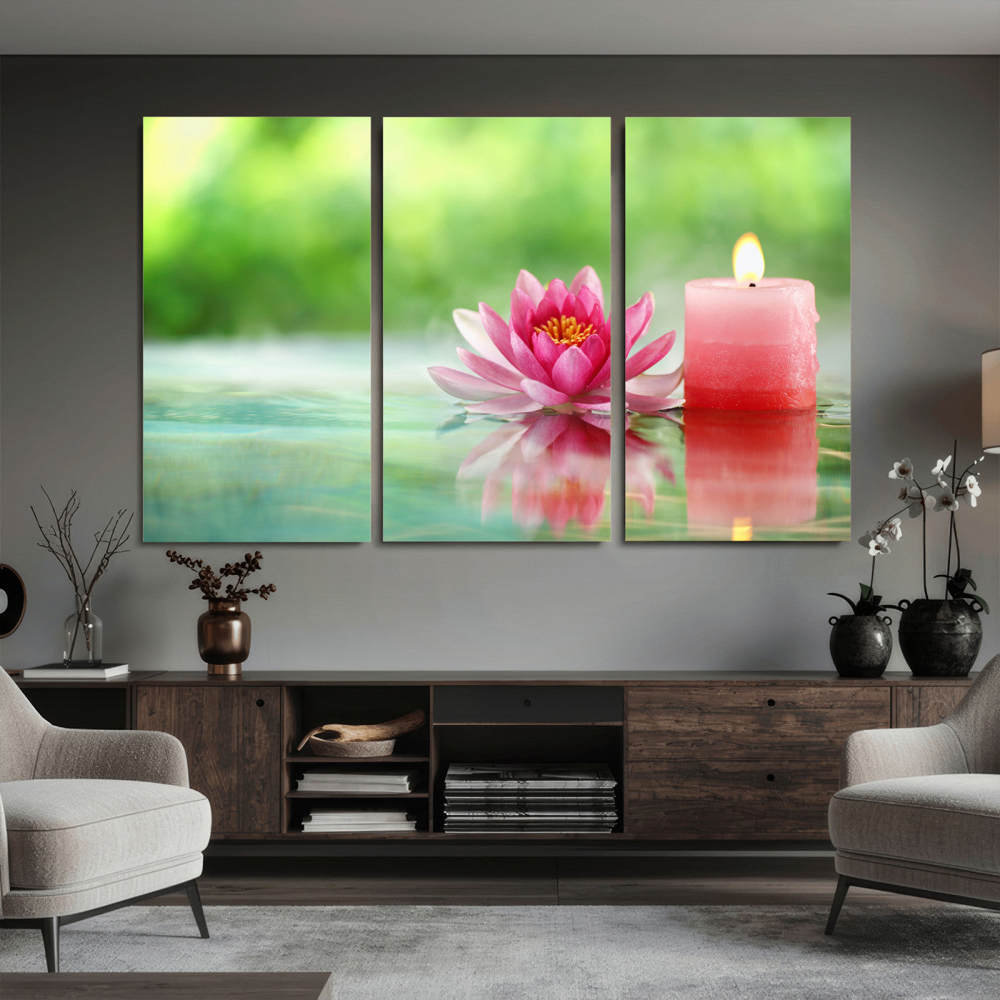 17661715-MGV-CV-36X24 - Zen Lotus Candle Canvas Wall Art Pink Spa Meditation Relaxation Green Bokeh Framed Large for Bathroom Bedroom Living Room Office Decor