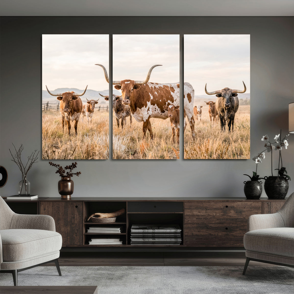 62336425AC-MGV-CV-36X24 - Texas Longhorn Canvas Wall Art, Rustic Farm Animal Photography Print, Farmhouse Country Decor, Western Ranch Art