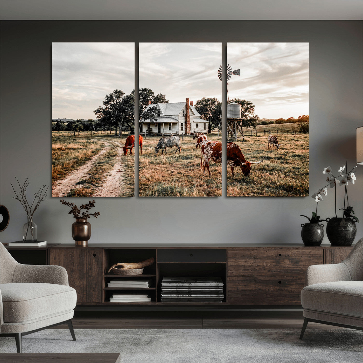 92429425-MGV-CV-36X24 - Texas Longhorn Ranch Wall Art Canvas Print, Rustic Western Farmhouse Decor, Country Landscape Canvas Wall Art, Vintage Cowboy Ranch Picture