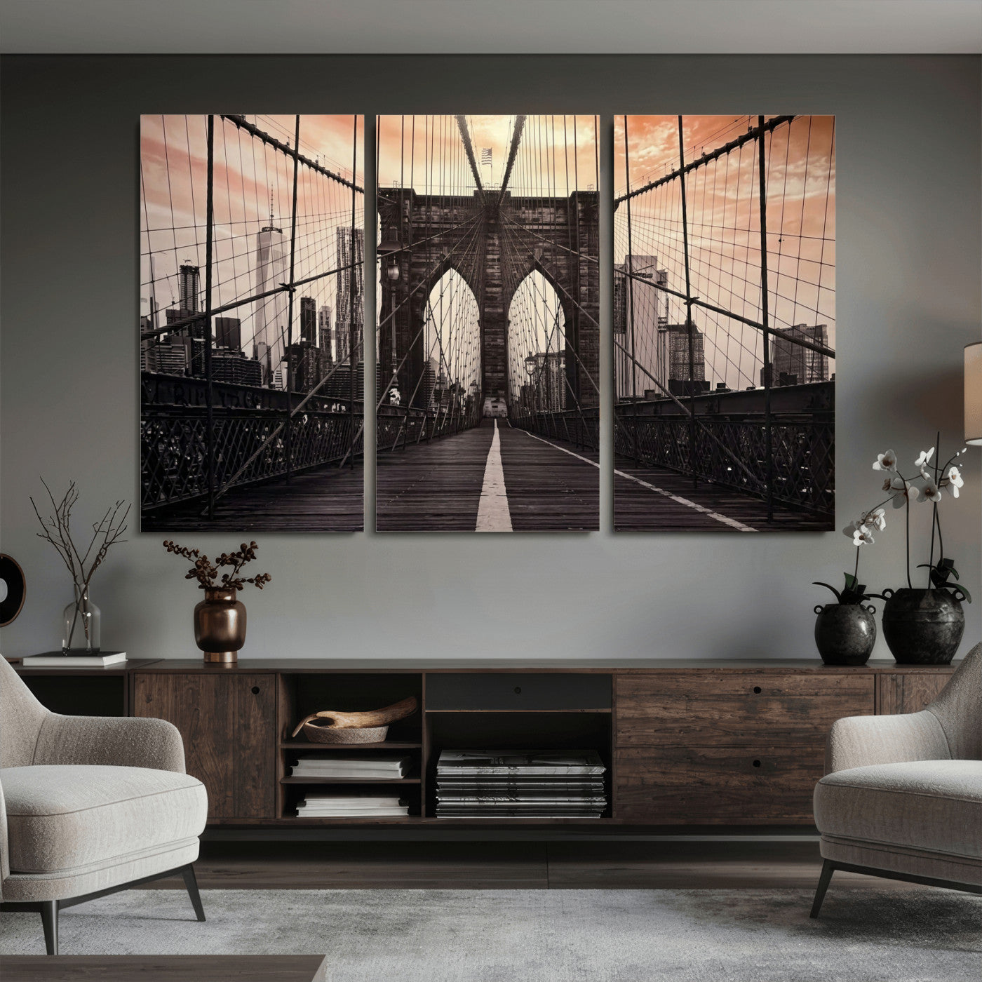 93226664-MGV-CV-36X24 - Brooklyn Bridge Canvas Wall Art, New York City Skyline Photography Print, NYC Landmark Urban Decor Artwork