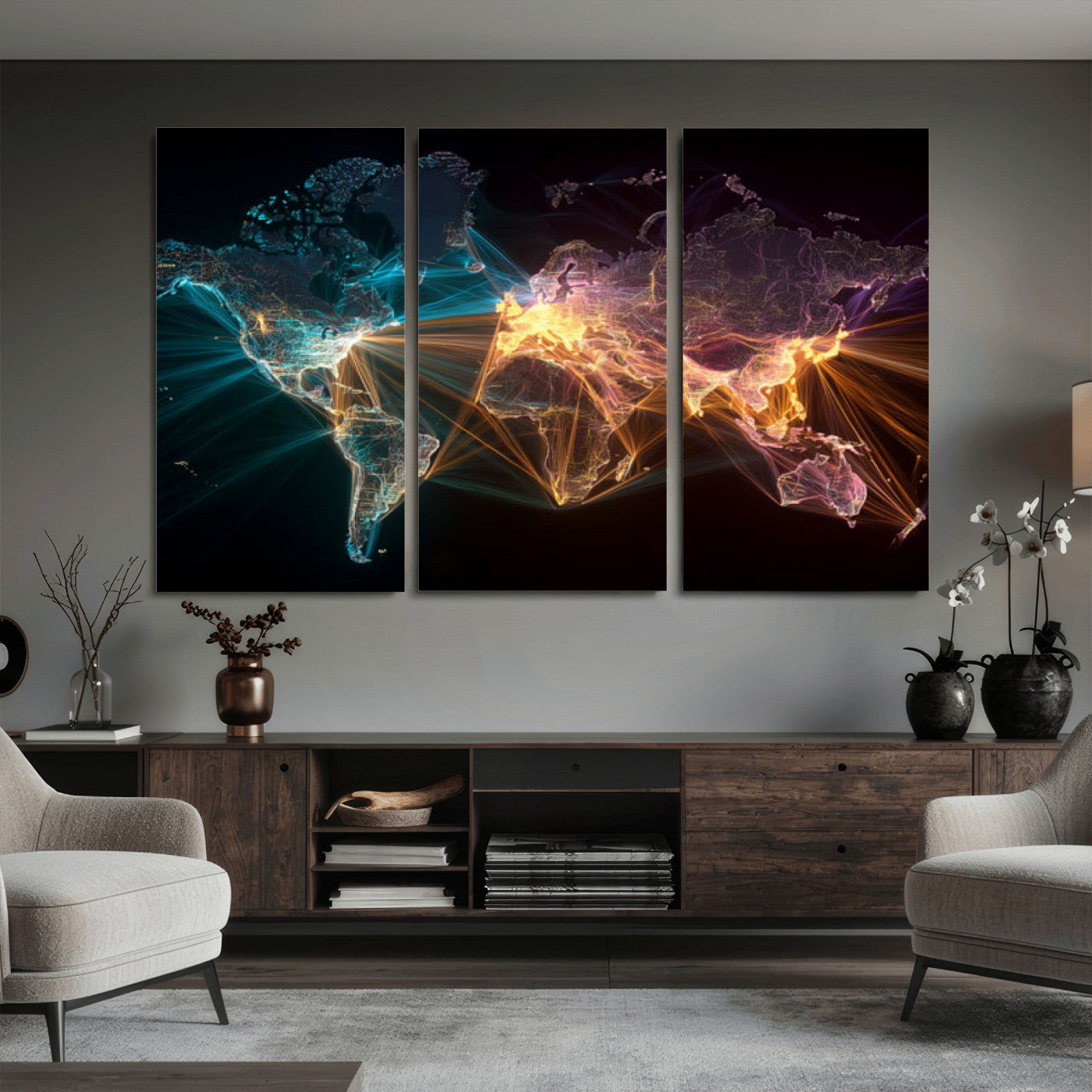 14891737-MGV-CV-36X24 - World Map and Global Flight Routes Map Canvas Wall Art, Worldwide Aviation Network Print, International Air Travel Wall Decor