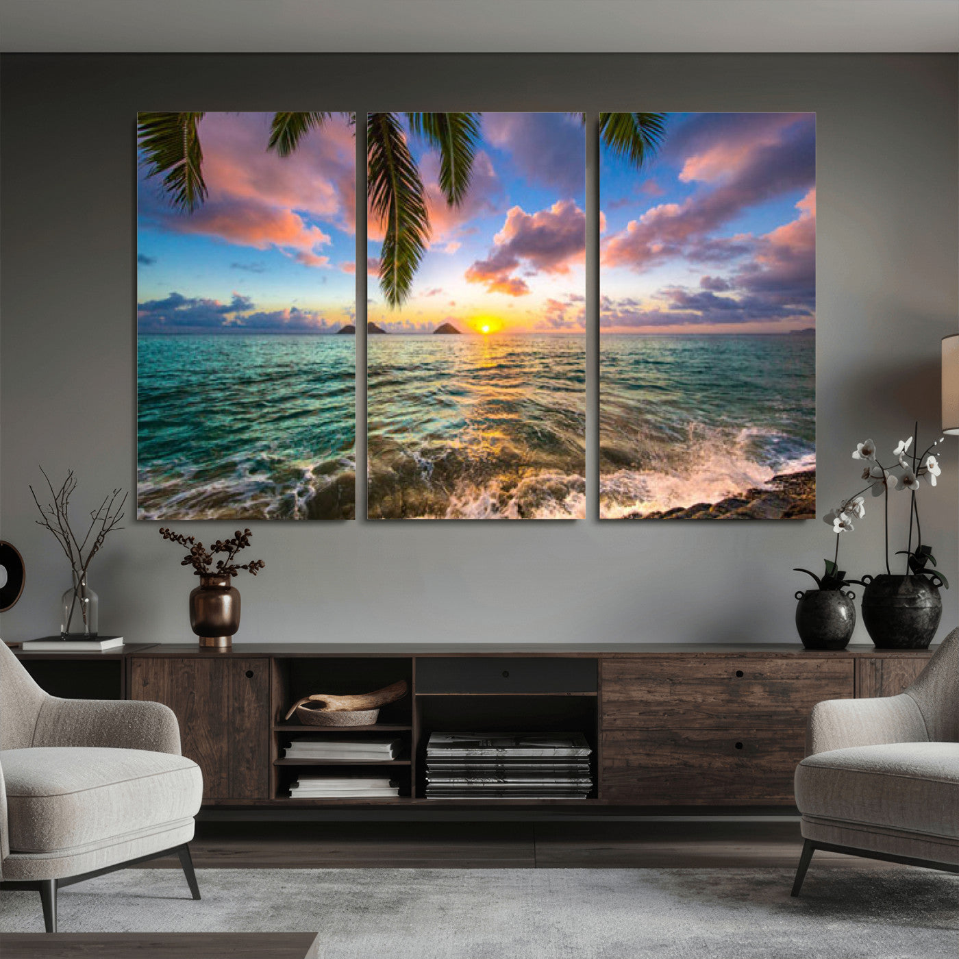 13207742-MGV-CV-36X24 - Hawaii Beach Sunset Canvas Wall Art Print, Tropical Ocean Landscape Artwork, Palm Tree Coastal Decor for Living Room Bedroom