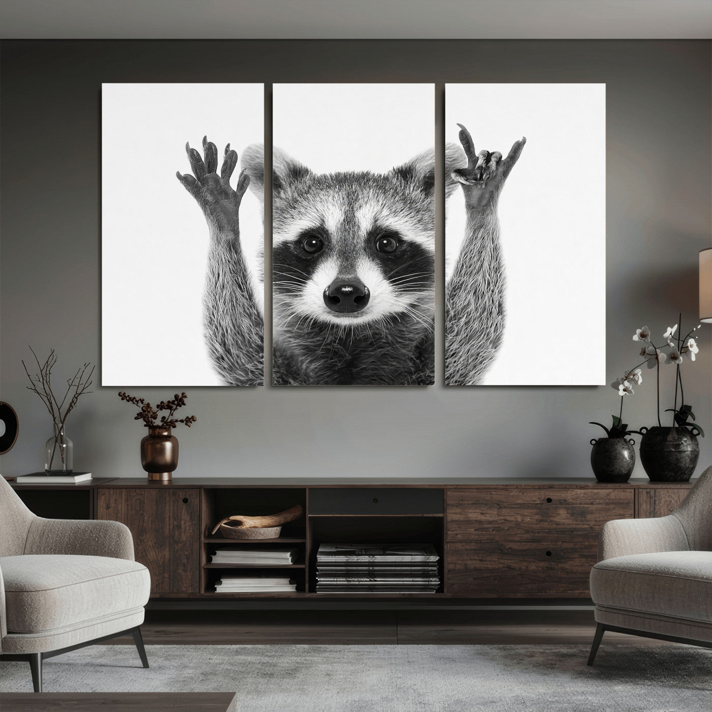 82392228-MGV-CV-36X24 - Funny Raccoon Canvas Wall Art, Black White Hands Up Animal Photo Print, Humorous Wildlife Decor, Kids Room Nursery Art, Quirky Animal Gift