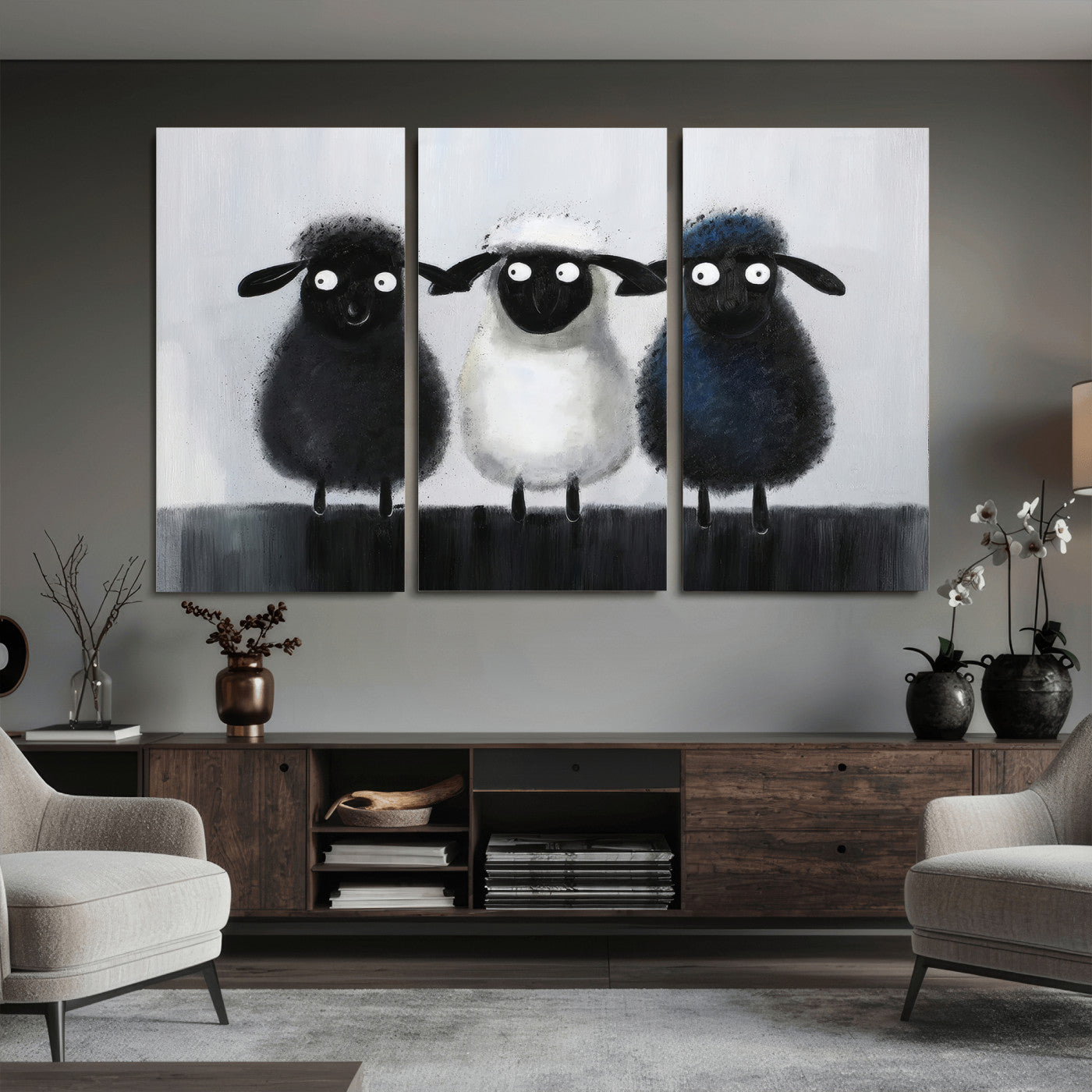 45650028-MGV-CV-36X24 - Funny Sheep Canvas Wall Art, Three Quirky Sheep Painting Print, Cute Animal Nursery Decor, Black White Navy Farmhouse Art, Kids Room Gift