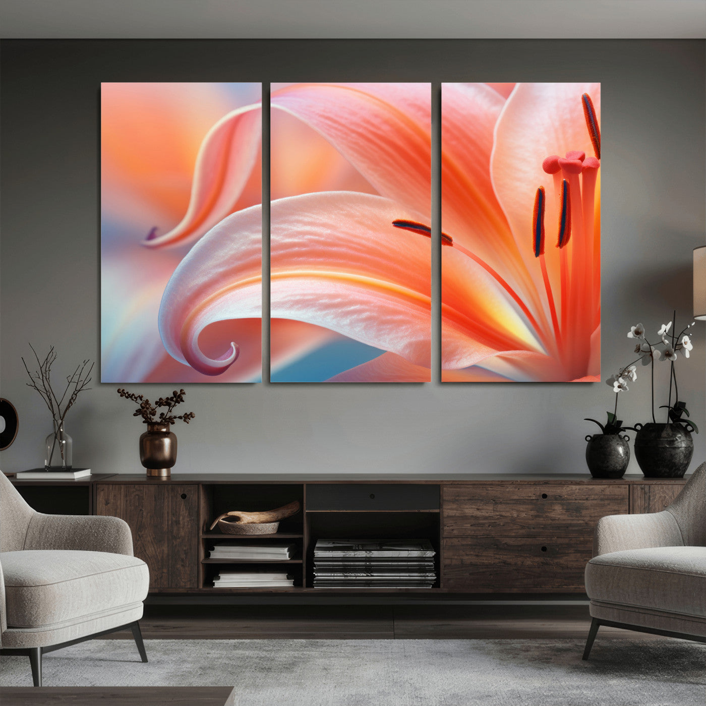 69566231-MGV-CV-36X24 - Peach Lily Canvas Wall Art, Coral Pink Flower Macro Photo Print, Botanical Bedroom Decor, Soft Floral Photography, Living Room Wall Art