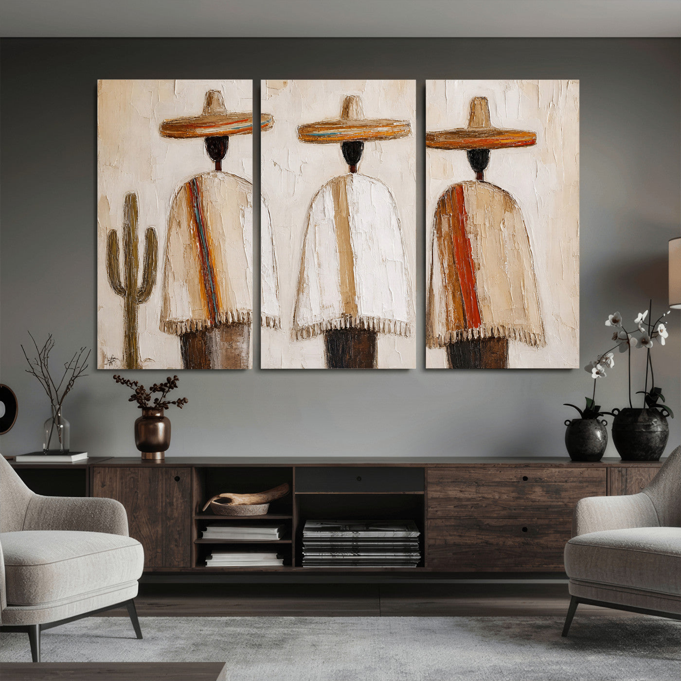 72884785-MGV-CV-36X24 - Mexican Folk Art Canvas Wall Art, Southwestern Sombrero Poncho Painting, Neutral Earthy Boho Decor, Fiesta Living Room Art, Impasto Style Print