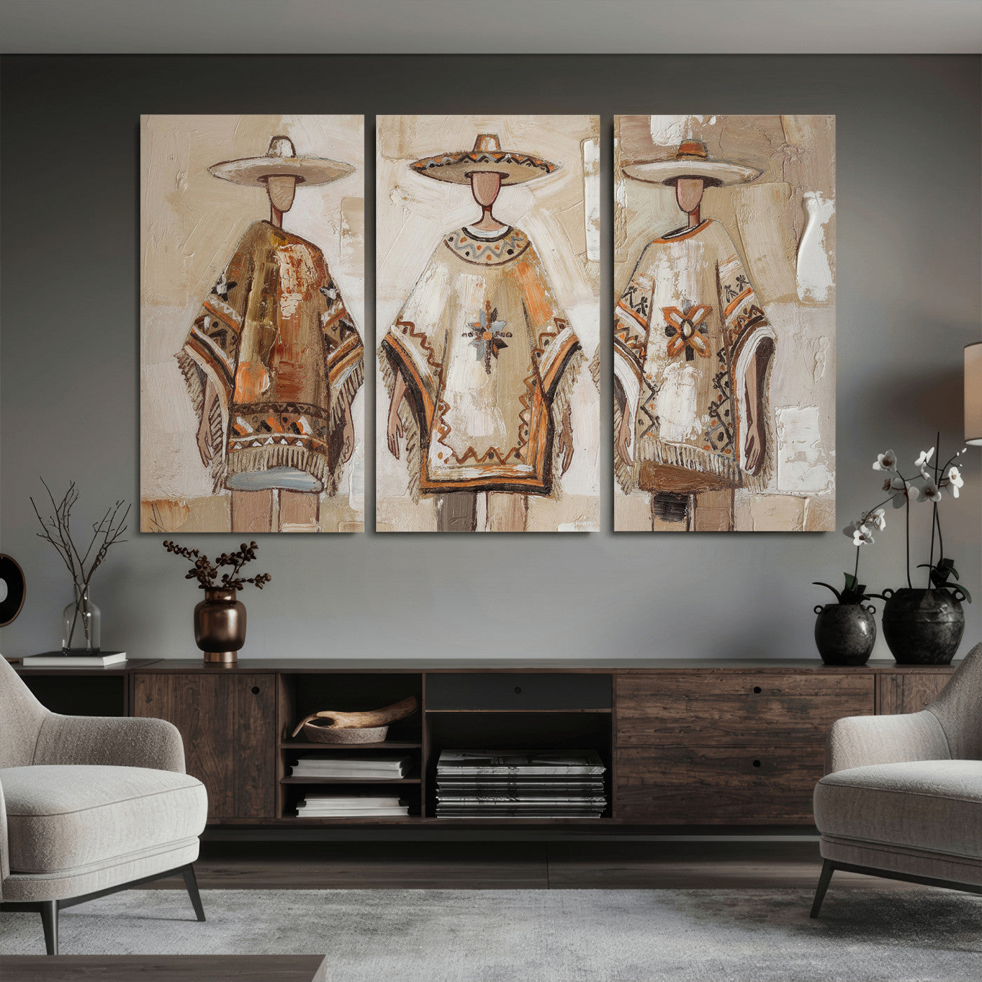 85373290-MGV-CV-36X24 - Mexican Folk Art Canvas Wall Art, Charro Poncho Sombrero Painting Print, Neutral Beige Boho Decor, Southwestern Impasto Style, Living Room Art