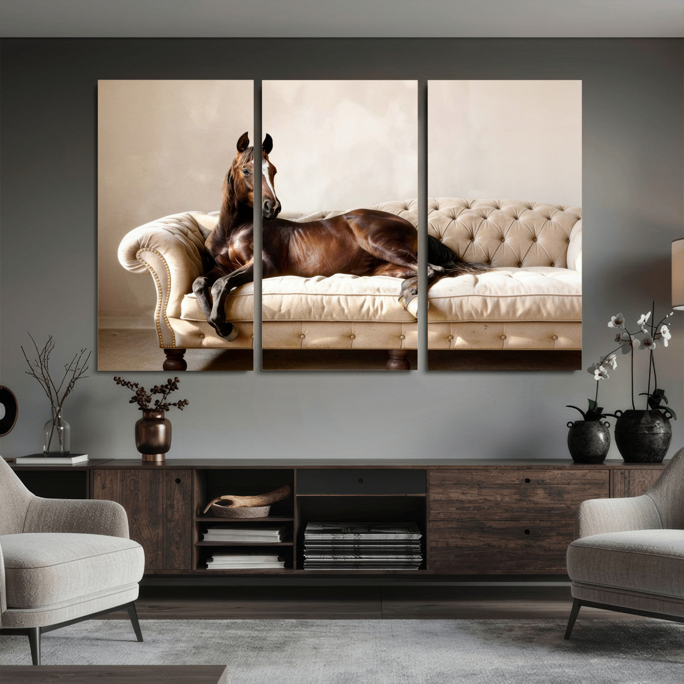 17716841-MGV-CV-36X24 - Funny Horse on Sofa Canvas Wall Art, Quirky Horse Lounging Photo Print, Whimsical Animal Decor, Living Room Conversation Art, Horse Lover Gift