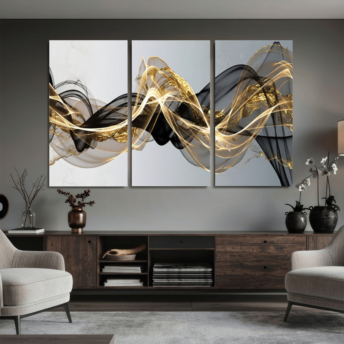 79483321DL-MGV-CV-36X24 - Black and Gold Abstract Wall Art, Modern Wave Canvas Print, Elegant Flowing Smoke Art, Luxury Living Room Decor