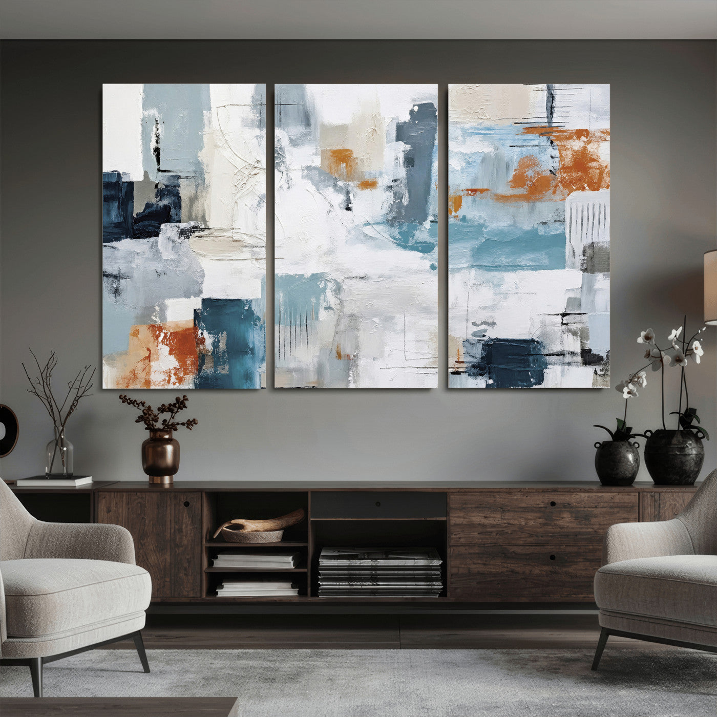 98638479-MGV-CV-36X24 - Blue Teal Abstract Canvas Wall Art, Modern Textured Painting Print, Navy Orange White Contemporary Art, Neutral Living Room Decor, Office Art