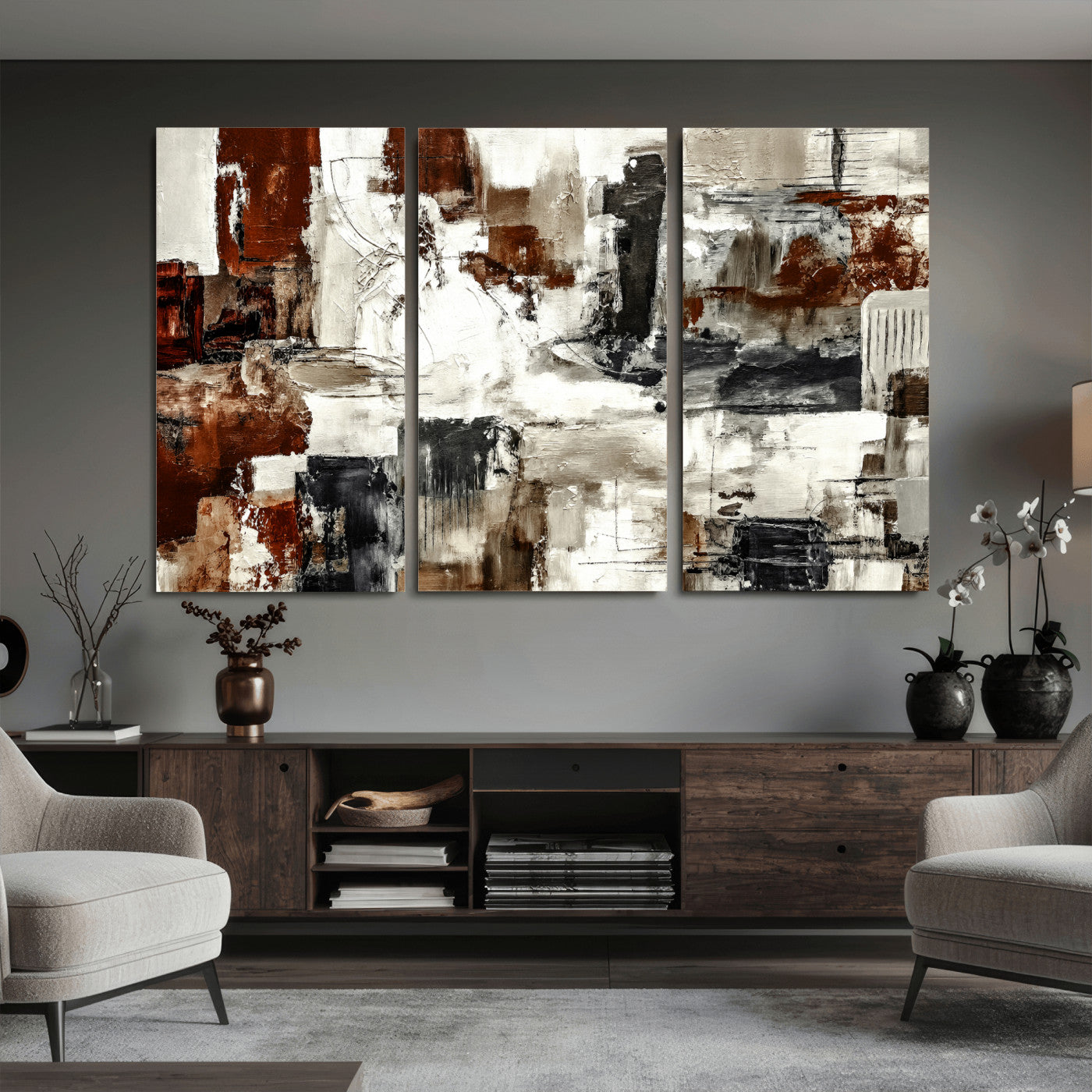 53022468-MGV-CV-36X24 - Blue Teal Abstract Canvas Wall Art, Modern Textured Painting Print, Navy Orange White Contemporary Art, Neutral Living Room Decor, Office Art