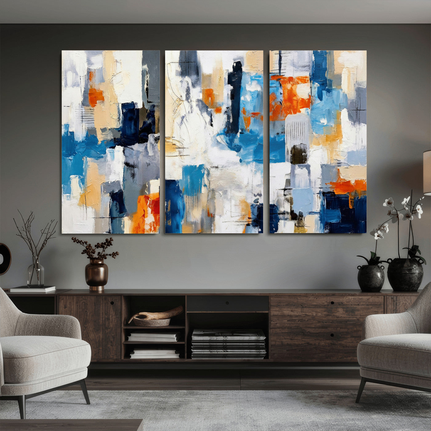 83915061-MGV-CV-36X24 - Blue Teal Abstract Canvas Wall Art, Modern Textured Painting Print, Navy Orange White Contemporary Art, Neutral Living Room Decor, Office Art