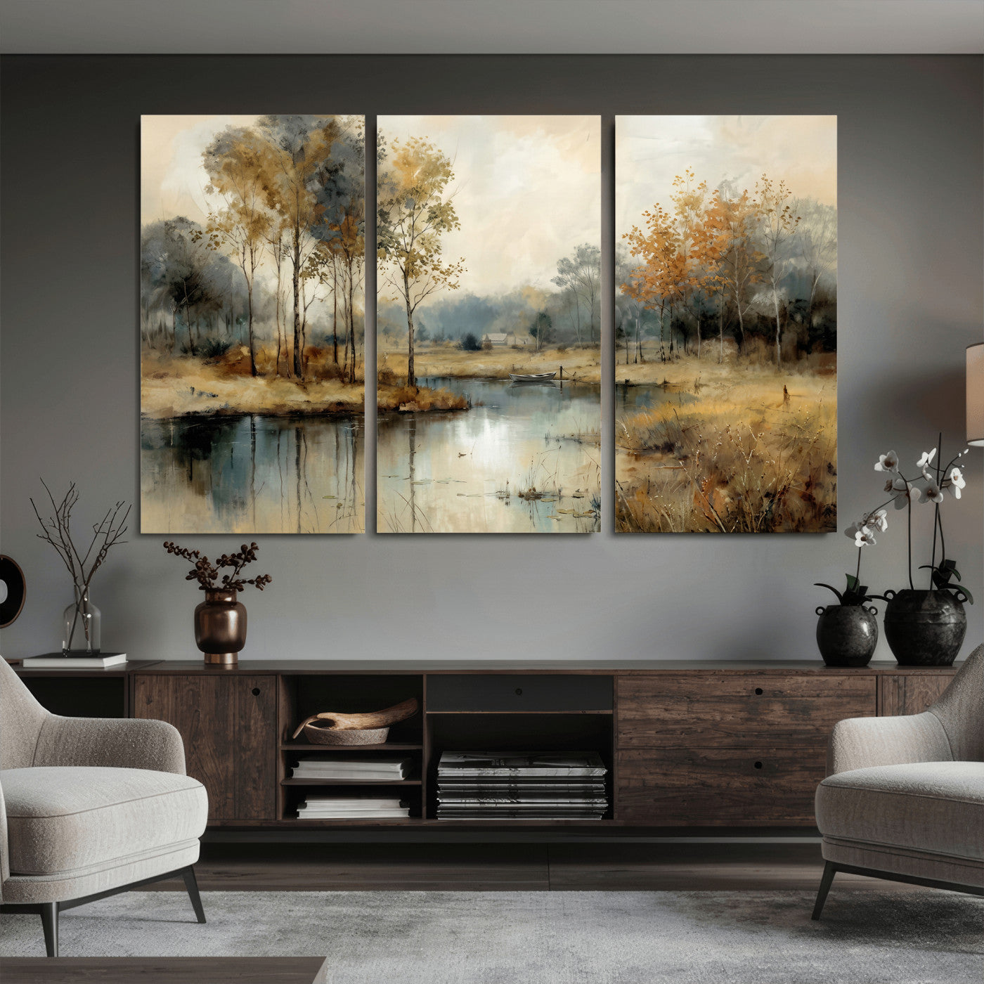 74391095-MGV-CV-36X24 - Abstract WatercolorAutumn Lake Canvas Wall Art Print, Misty Forest Landscape, Rustic Nature Painting, Cabin Wall Decor | Ready to Hang