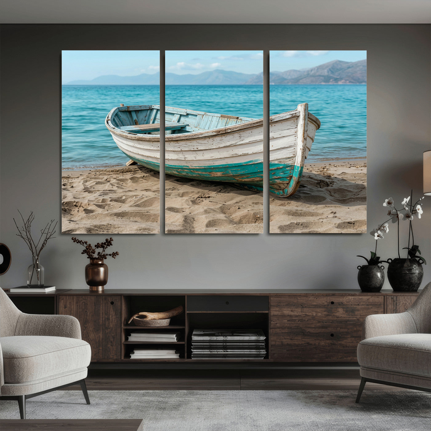 49963709-MGV-CV-36X24 - Coastal Boat Canvas Wall Art Print, Beach Boat Painting, Nautical Ocean Decor, Seascape Wall Art, Ready to Hang