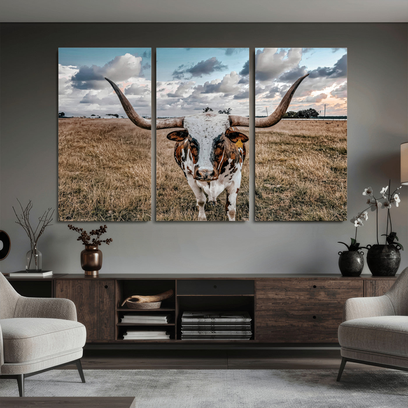 17464823-MGV-CV-36X24 - Texas Longhorn Canvas Wall Art Print, Western Cow Photography, Rustic Ranch Decor, Farmhouse Wall Art, Ready to Hang