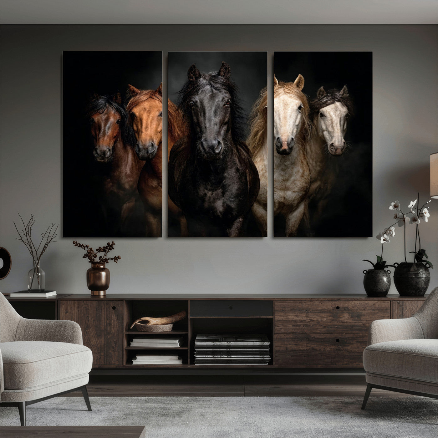 77696206-MGV-CV-36X24 - Horse Wall Art Canvas Print | Wild Horses Portrait Photography, Animal Horse Decor, Black Brown White Horse Herd
