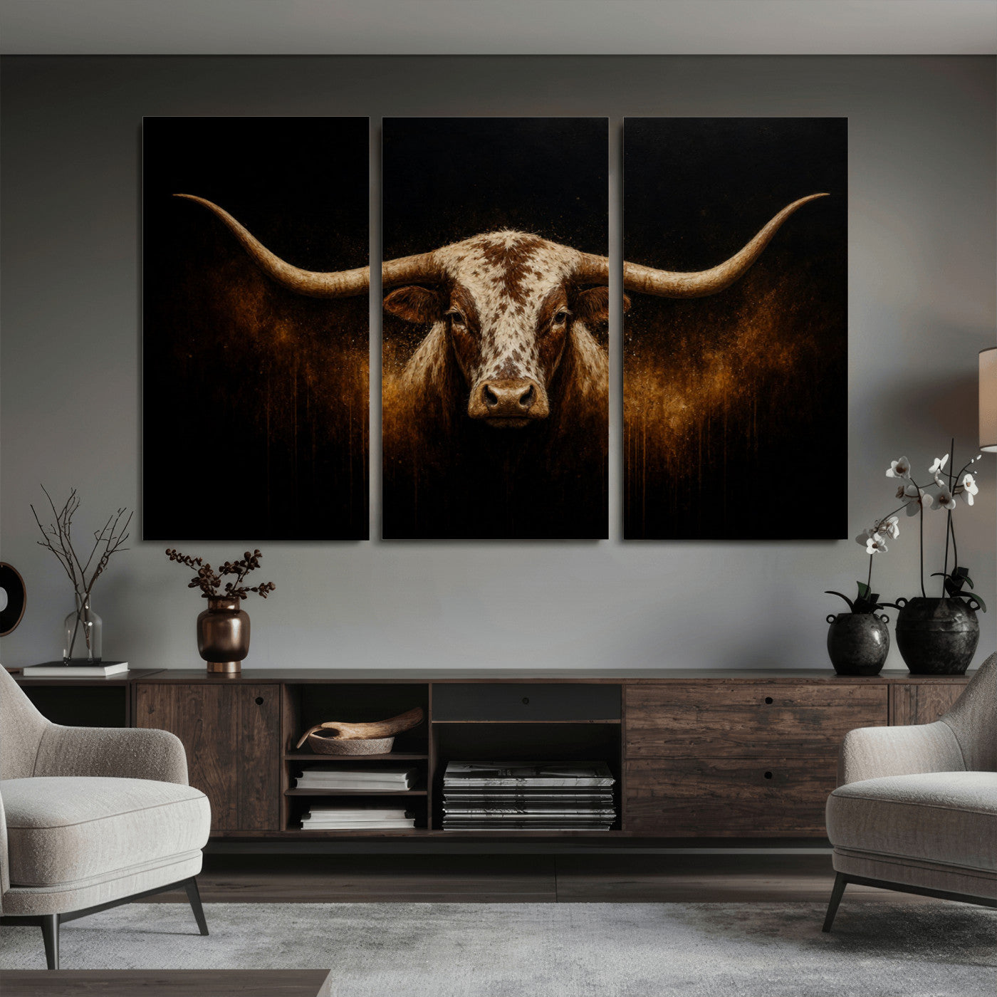12628958-MGV-CV-36X24 - Texas Longhorn Canvas Wall Art Moody Western Bull Oil Painting Print