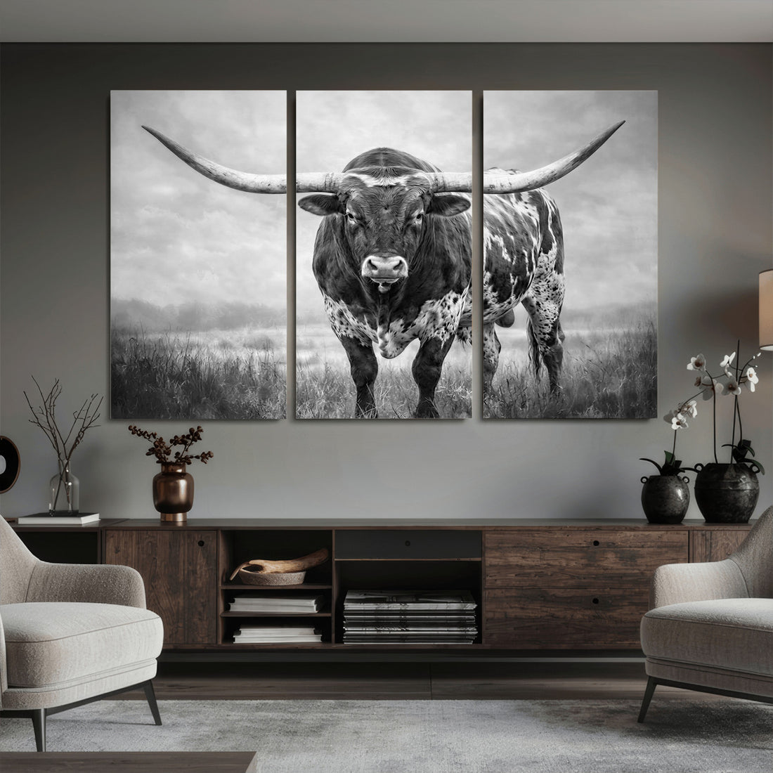 Texas Bull Wall Art Canvas Print for Farmhouse Restaurant Wall Decor