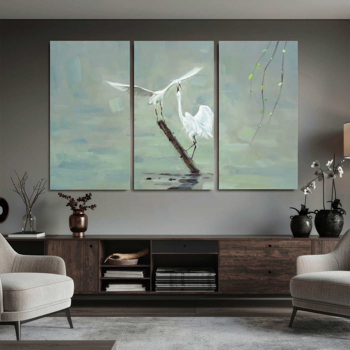 91124838-MGV-CV-36X24 - Two White Egrets on Marsh Branch Wall Art Canvas Print - Vintage Style Coastal Bird Poster