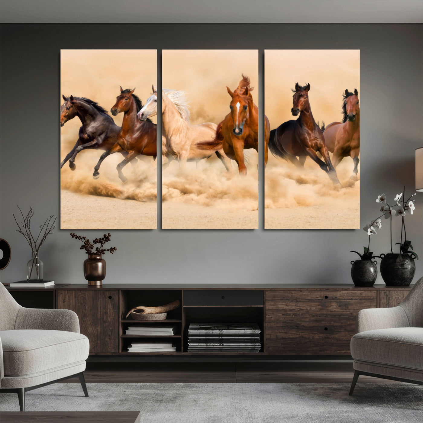 90610949-MGV-CV-36X24 - Herd of Six Wild Horses Galloping in Dust Storm Wall Art Canvas Print - Majestic Wildlife Decor