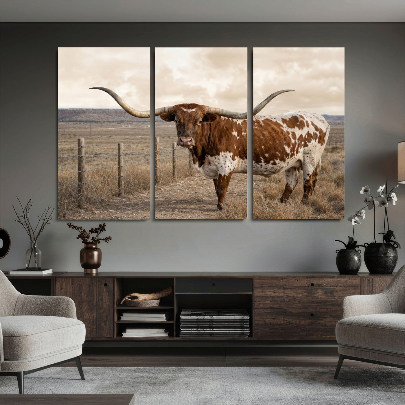 22808364-MGV-CV-36X24 - Texas Longhorn Cattle in Desert Pasture Wall Art Canvas Print - Rustic Western Decor