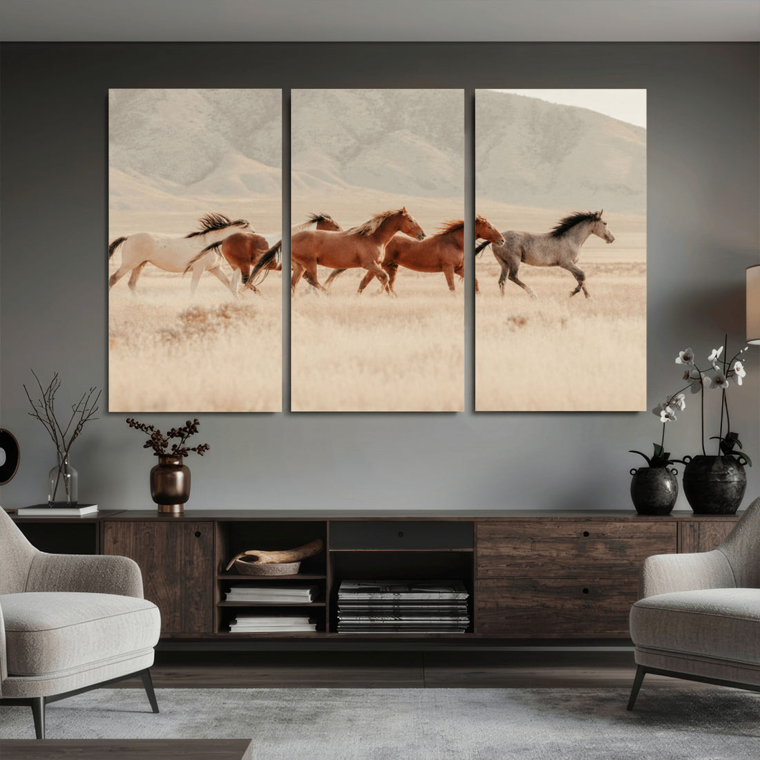 Herd of Wild Horses Running in Desert Mountain Wall Art Canvas Print, Boho Western Landscape
