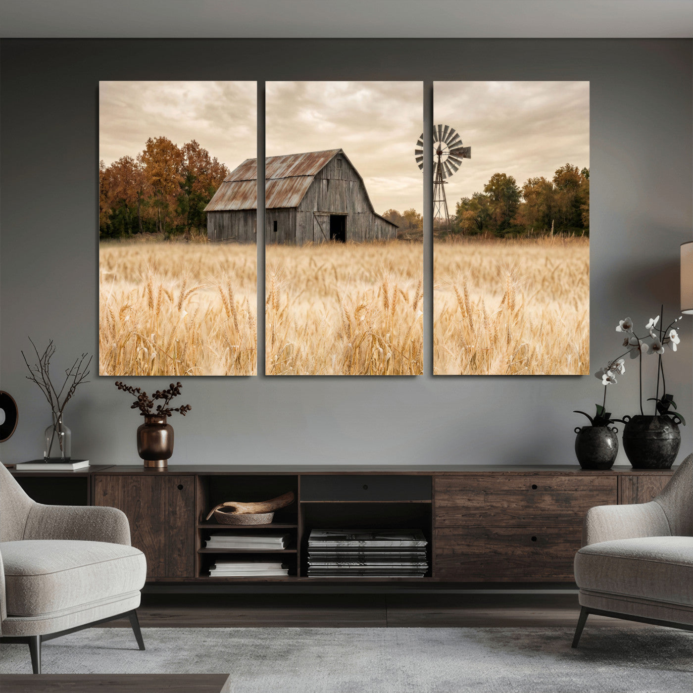 99640659-MGV-CV-36X24 - Rustic Farmhouse Barn and Windmill Wall Art Canvas Print, Country Landscape Photography Print