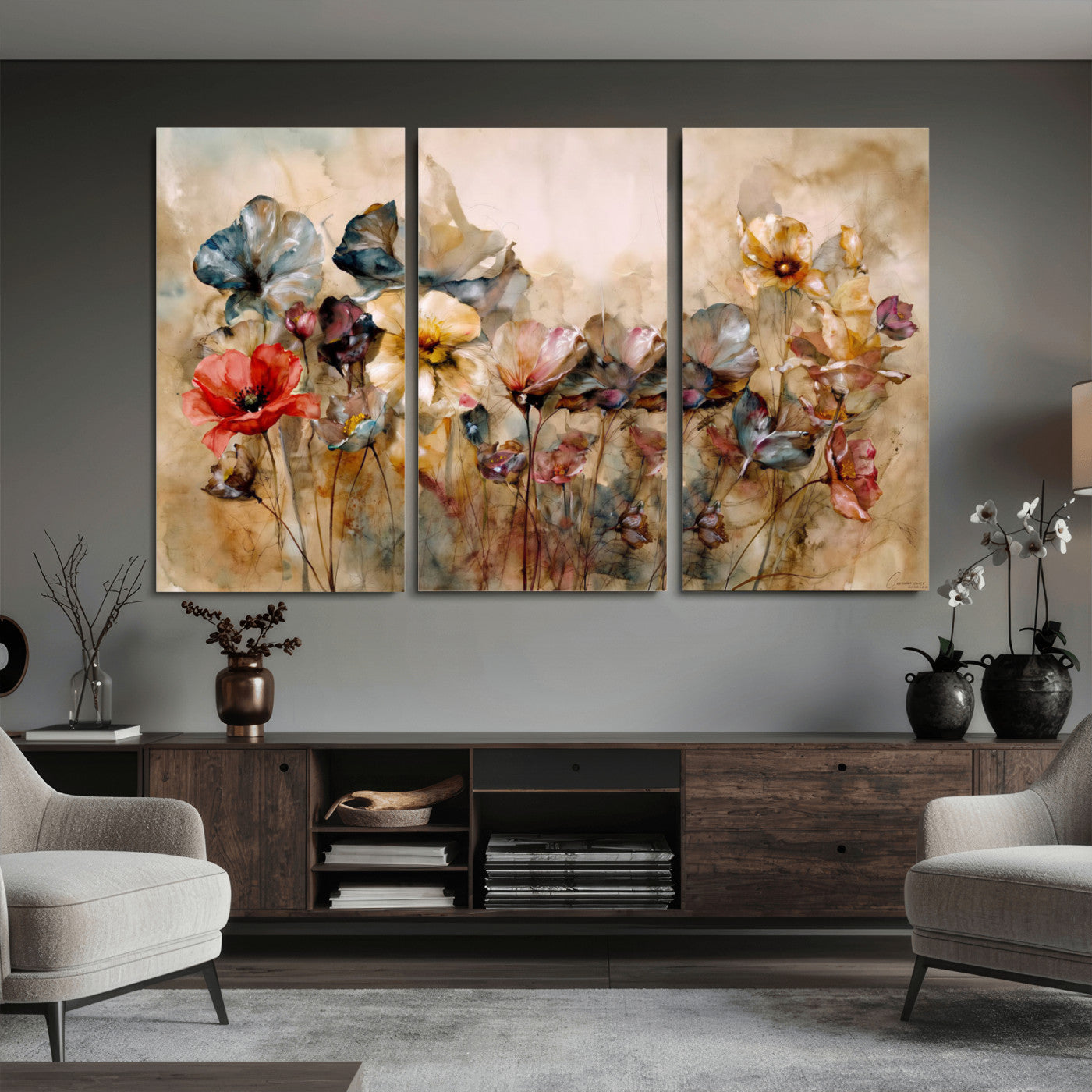 11407233-MGV-CV-36X24 - Vintage Dried Floral Meadow Wall Art Canvas Print, Translucent Watercolor Flowers Painting Print
