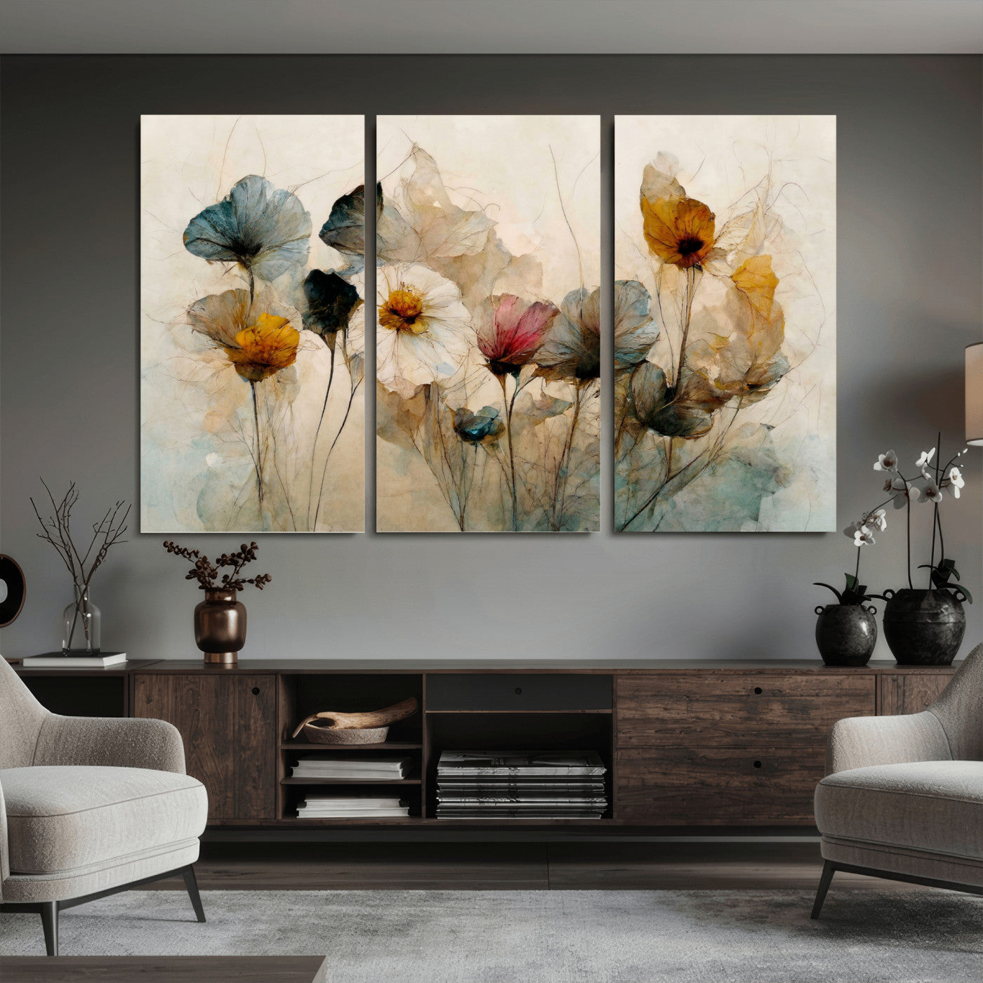 86802229-MGV-CV-36X24 - Vintage Dried Floral Meadow Wall Art Canvas Print, Translucent Watercolor Flowers Painting Print