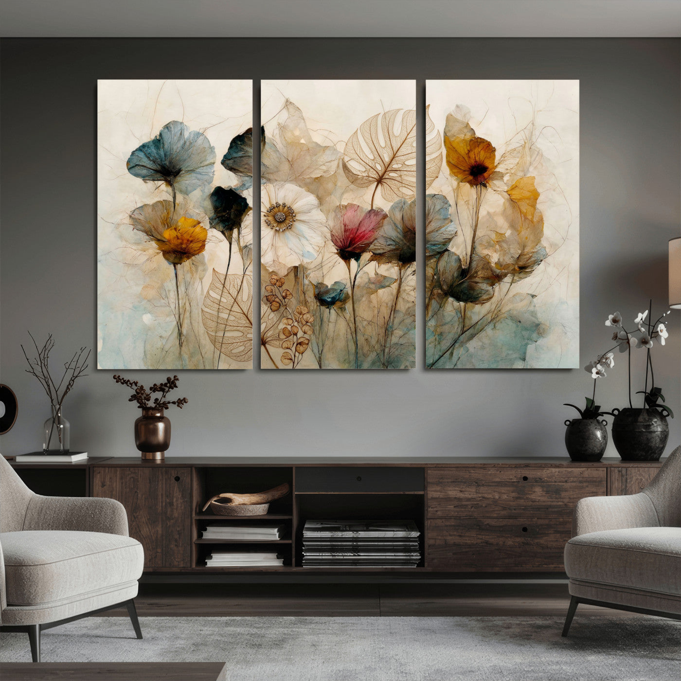 93171612-MGV-CV-36X24 - Vintage Dried Floral Meadow Wall Art Canvas Print, Translucent Watercolor Flowers Painting Print