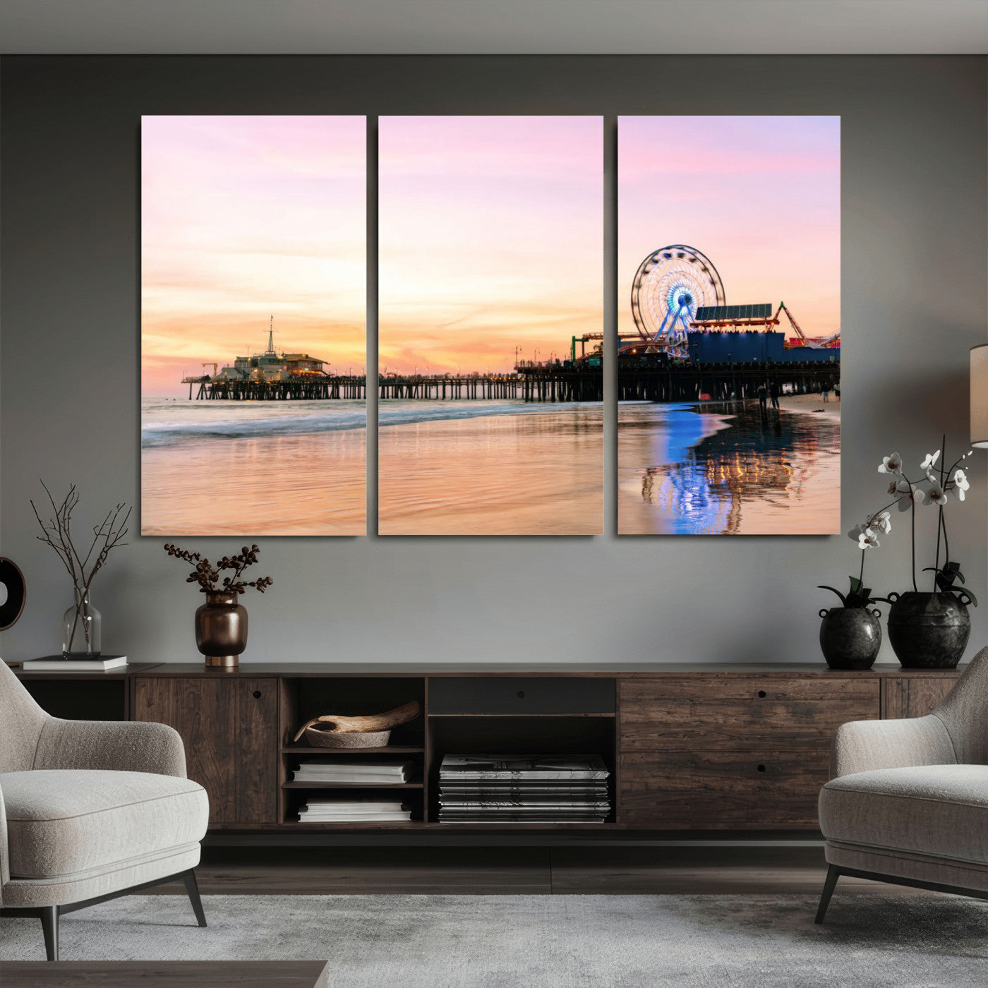 27381272-MGV-CV-36X24 - Santa Monica Pier Sunset Beach Wall Art Canvas Print, California Ferris Wheel Photo Print