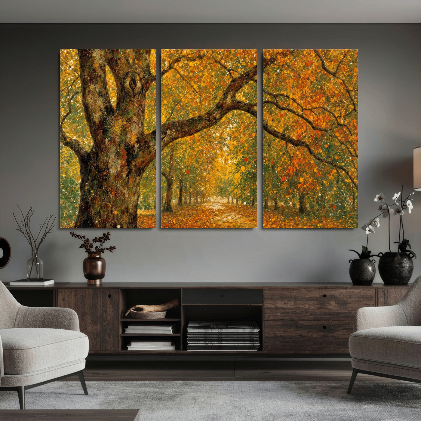 11536138-MGV-CV-36X24 - Vintage Autumn Forest Path Wall Art Canvas Print, Golden Leaves Impressionist Painting Print