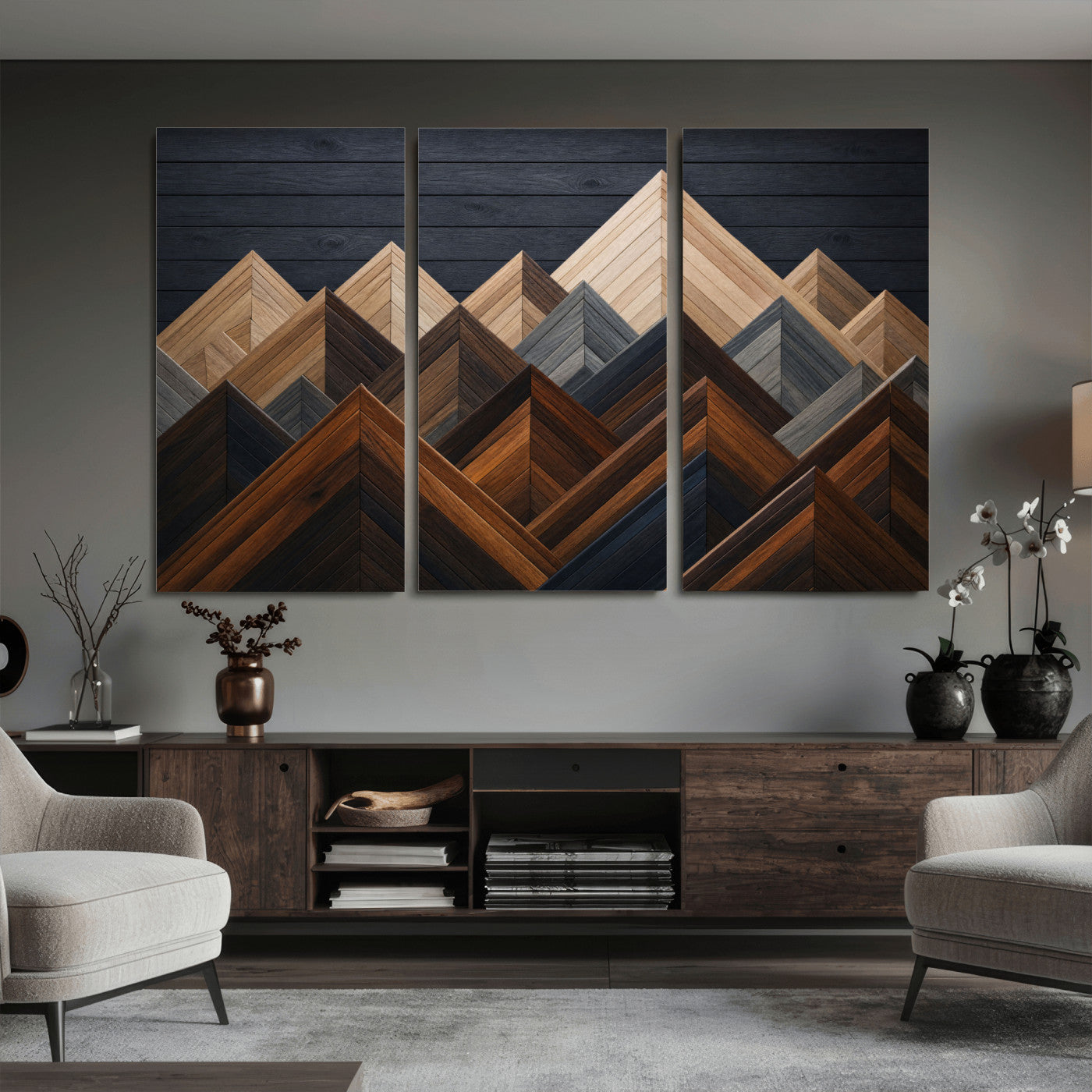 70531117-MGV-CV-36X24 - Geometric Wood Mountain Wall Art Canvas Print, 3D Look Rustic Mosaic Landscape Print