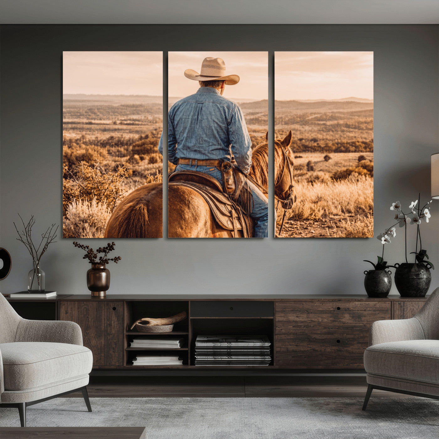 62076449-MGV-CV-36X24 - Texas Cowboy and Horse Print for Western Wall Art Decor for Farmhouse