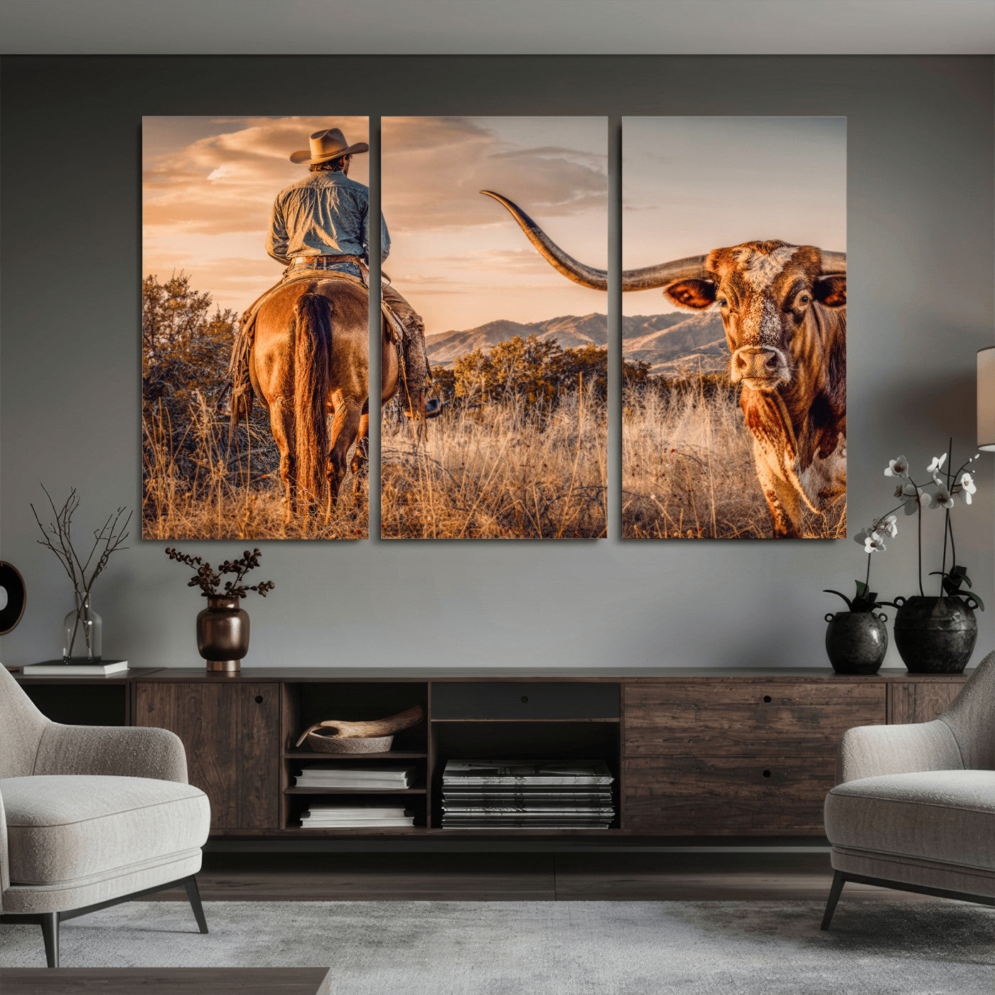 62076449C-MGV-CV-36X24 - Texas Cowboy and Longhorn Bull Print for Western Wall Art Decor for Farmhouse