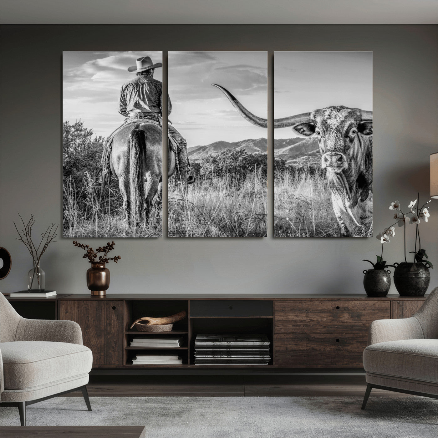 62076449WB-MGV-CV-36X24 - Texas Cowboy and Longhorn Bull Print for Western Wall Art Decor for Farmhouse