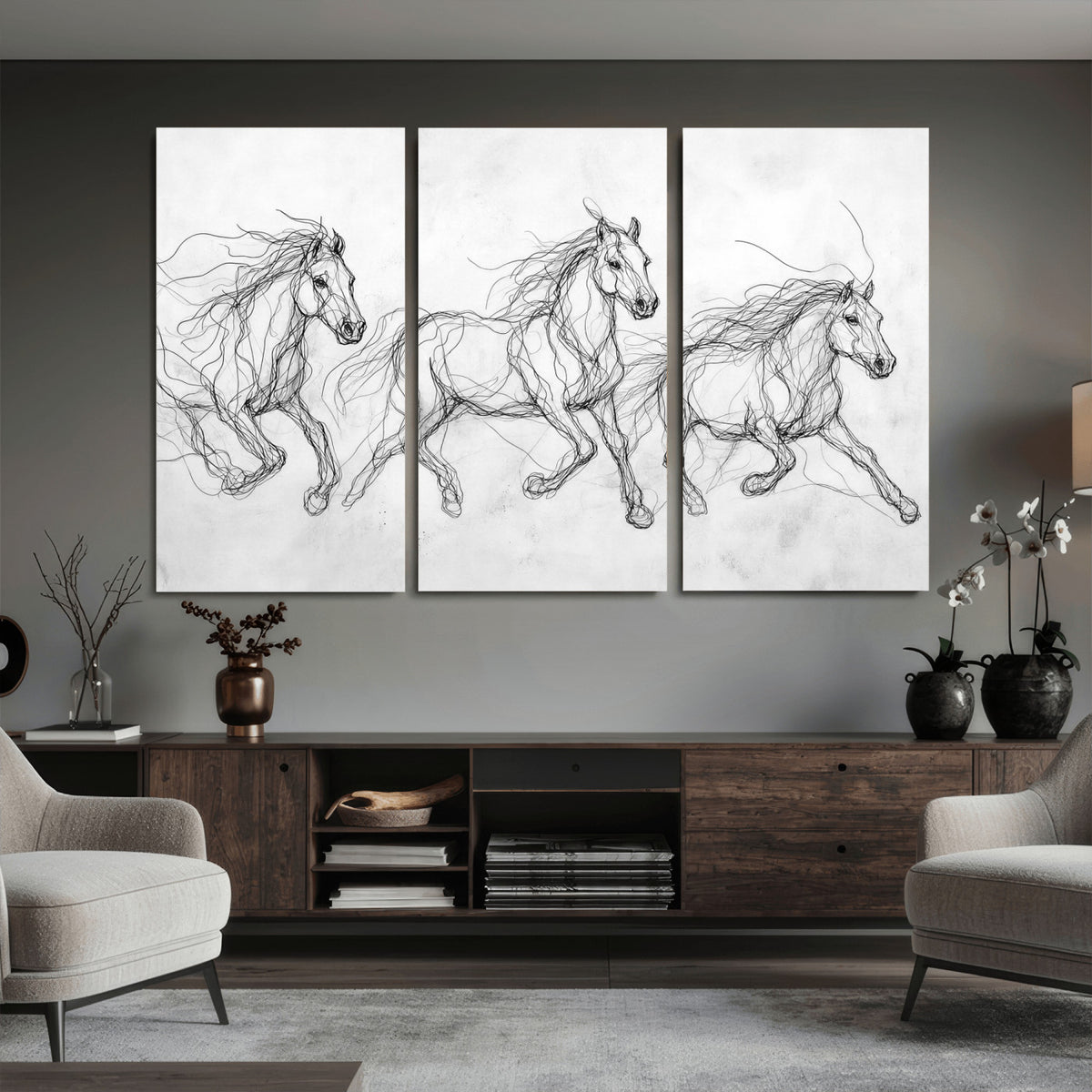 53600119-MGV-CV-36X24 - Monochrome Horse Canvas Wall Art, Black Ink Sketch Wild Horses Print, Minimalist Equestrian Artwork, Modern Abstract Line Decor, Urban Loft Gift