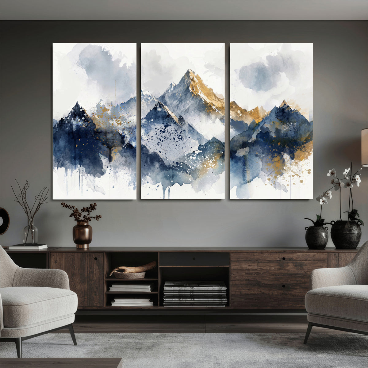 87460616-MGV-CV-36X24 - Abstract Mountain Canvas Wall Art, Blue Gold Foil Landscape Print, Modern Indigo Watercolor Poster, Large Abstract Nature, Luxury Office Gift