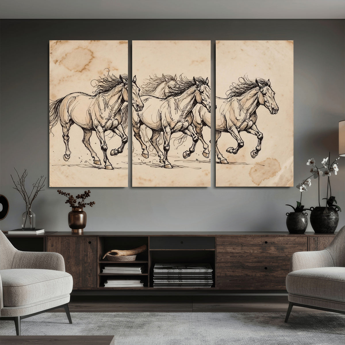 18242163-MGV-CV-36X24 - Vintage Horse Sketch Canvas Wall Art, Wild Horses Pencil Drawing Print, Antique Parchment Western Decor, Equine Sketching, Country Manor Gift