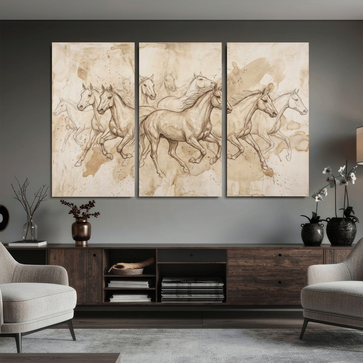 52233469-MGV-CV-36X24 - Vintage Horse Sketch Canvas Wall Art, Wild Horses Pencil Drawing Print, Antique Parchment Western Decor, Equine Sketching, Country Manor Gift
