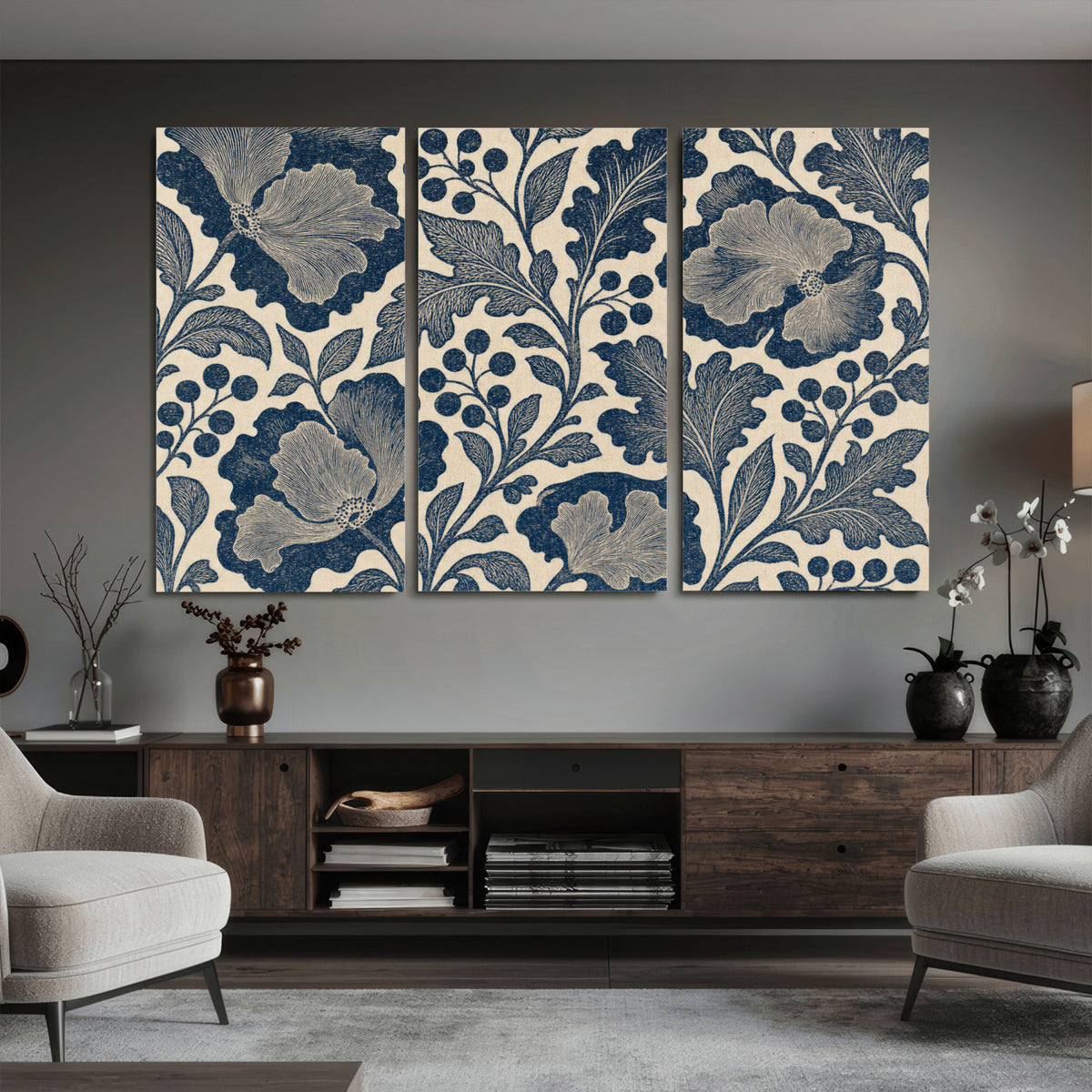 23824002-MGV-CV-36X24 - William Morris Style Navy Blue Floral Wall Art Canvas Print, Vintage Cream Botanical Painting Print
